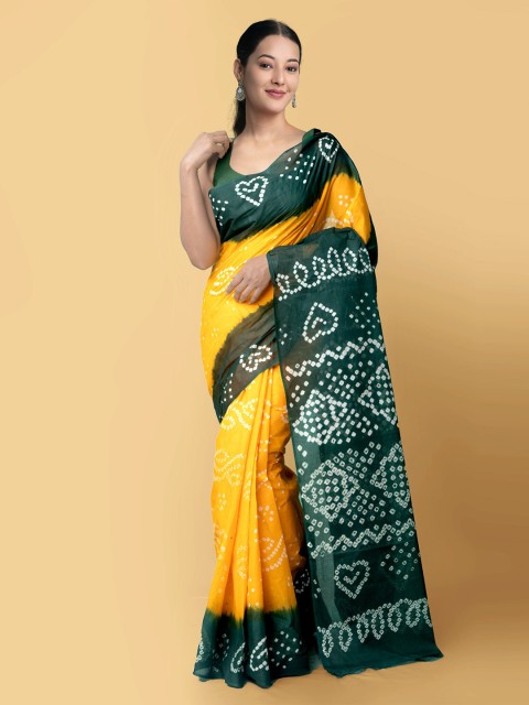 

Unnati Silks Yellow & Green Pure Cotton Bandhani Saree