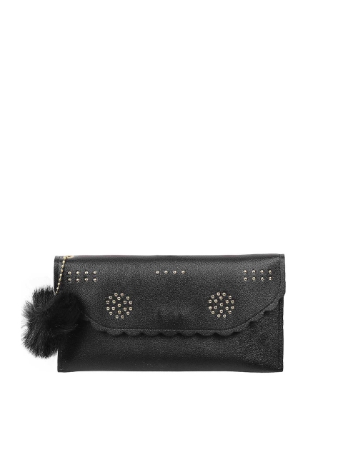 

WALKWAY by Metro Black Textured Embellished Envelope Clutch with Pom Pom Details