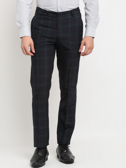 

La Mode Men Navy Blue & Green Checked Formal Trousers