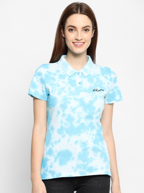 

HOUSE OF KKARMA Women Blue & White Dyed Cotton Polo Collar T-shirt