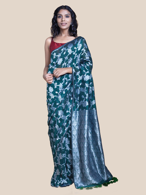 

Suta Green & Silver-Toned Floral Zari Pure Linen Jamdani Saree