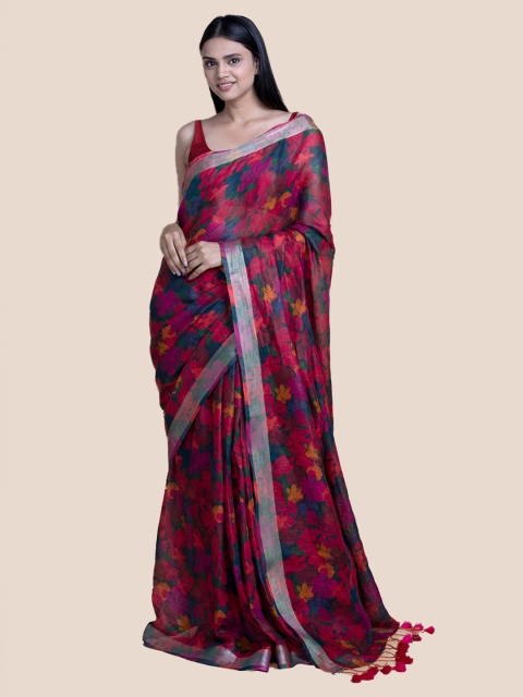 

Suta Pink & Blue Floral Zari Pure Linen Saree, Multi