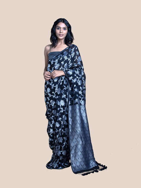 

Suta Black & Silver-Toned Woven Design Pure Linen Jamdani Saree