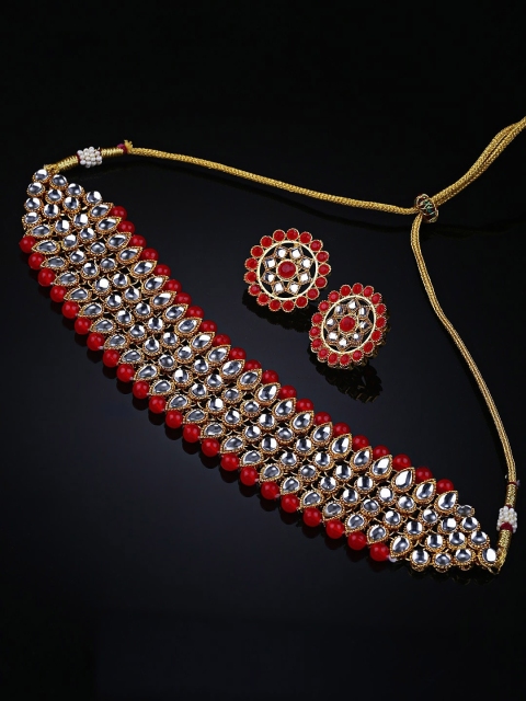 

Shining Diva Women Red & Gold-Toned Kundan Studded Choker Jewellery Set