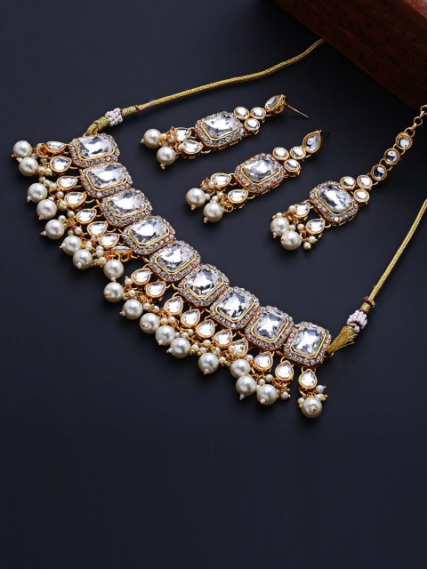 

Shining Diva Women White & Gold-Toned & Plated Crystal Studded Jewellery Set