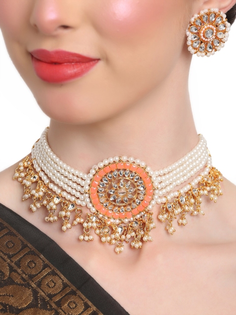 

Shining Diva Gold-Plated Pearl & Kundan-Studded Handcrafted Jewellery Set, Peach