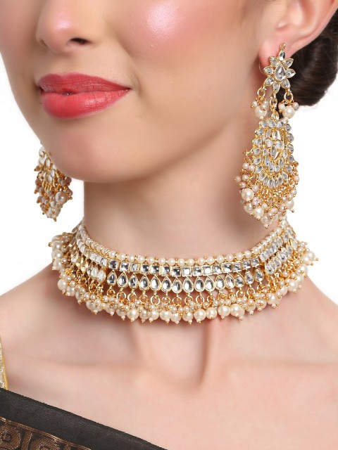 

Shining Diva White & Gold Toned Gold Plated & Beaded Choker Set