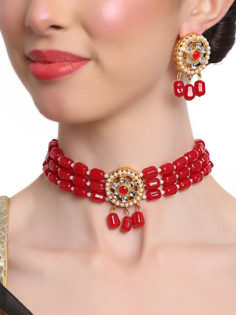 

Shining Diva Red & White Gold Plated Kundan Studded Jewellery Set
