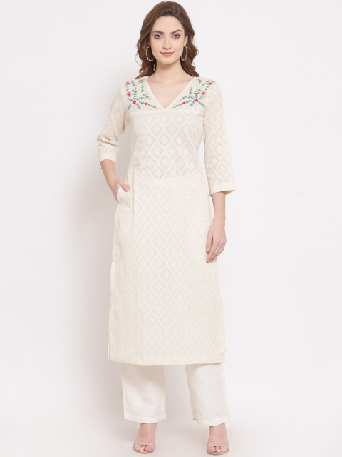 

DART STUDIO Women White Ethnic Motifs Embroidered Regular Pure Cotton Kurti with Trousers