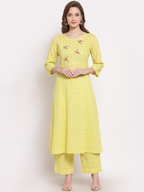 

DART STUDIO Women Yellow Ethnic Motifs Printed Panelled Pure Cotton Kurta with Palazzos