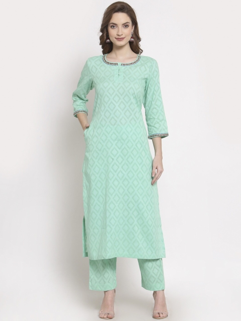 

DART STUDIO Women Green Ethnic Motifs Printed Regular Pure Cotton Kurta with Trousers