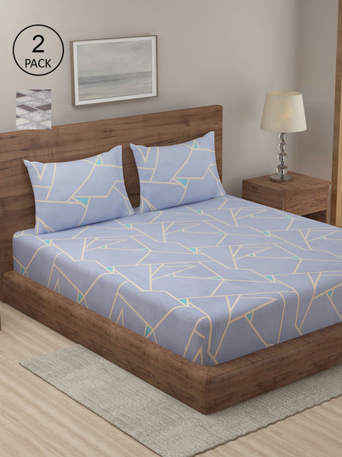 

TAG 7 Pack of 2 Blue & White Geometric 210 TC King Bedsheet with 4 Pillow Covers