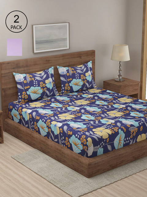 

TAG 7 Navy Blue & Lavender Floral 210 TC 2 King Bedsheets with 4 Pillow Covers