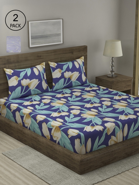 

TAG 7 Blue & Green Floral 210 TC 2 King Bedsheet with 4 Pillow Covers