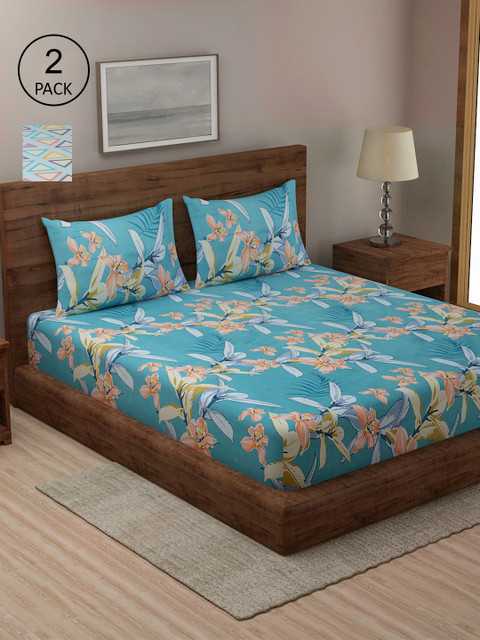 

TAG 7 Set Of 2 Blue & Green Geometric 210 TC 2 King Bedsheet with 4 Pillow Covers