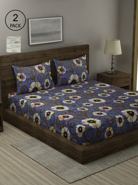 

TAG 7 Beige & Blue Floral 210 TC Cotton 2 King Bedsheets with 4 Pillow Covers