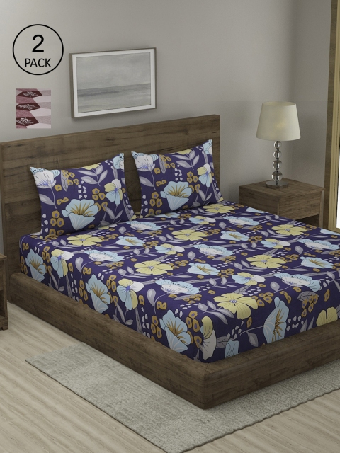

TAG 7 Floral 210 TC 2 King Bedsheet with 4 Pillow Covers, Blue