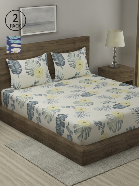 

TAG 7 Beige & Blue Floral 210 TC Cotton 2 King Bedsheets with 4 Pillow Covers