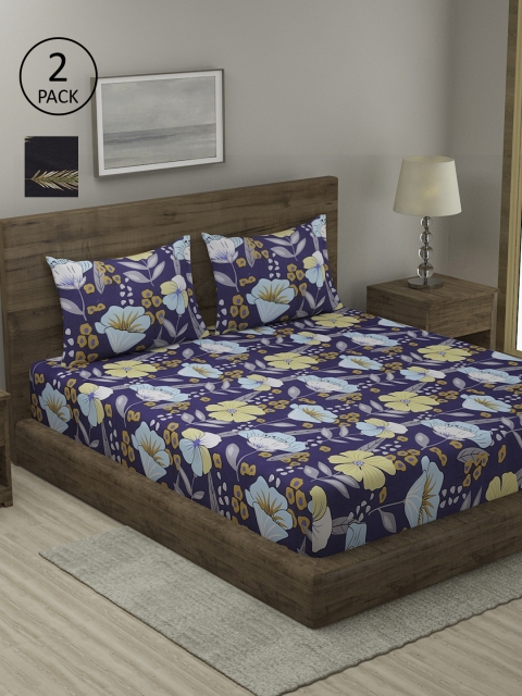 

TAG 7 Blue & Brown Floral 210 TC 2 King Bedsheet with 4 Pillow Covers