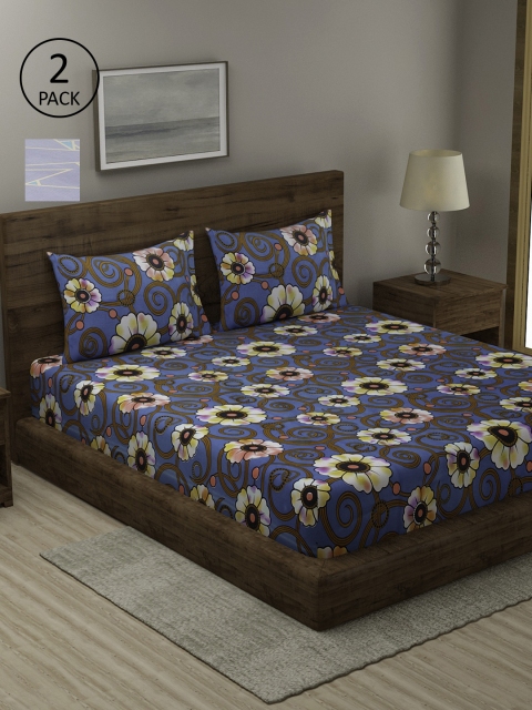 

TAG 7 Pack of 2 Blue & Grey Floral 210 TC King Bedsheet with 4 Pillow Covers