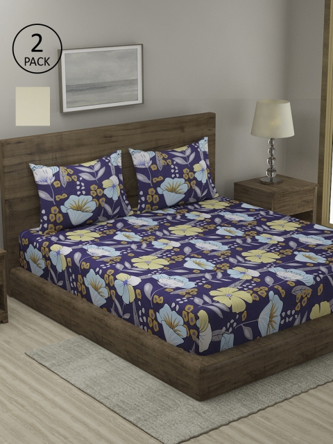 

TAG 7 Navy Blue & Yellow Floral 210 TC 2 King Bedsheet with 4 Pillow Covers