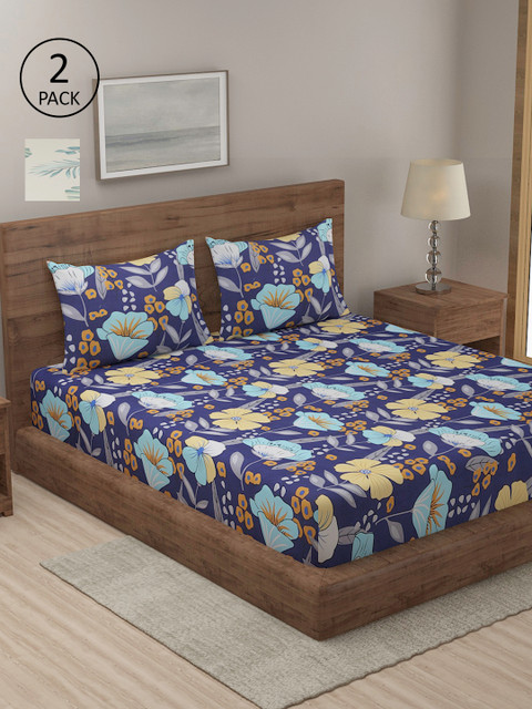 

TAG 7 Pack of 2 Cream-Coloured & Blue Floral 210 TC King Bedsheet with 4 Pillow Covers