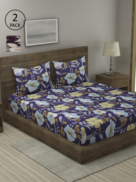 

TAG 7 Blue & Purple Floral 210 TC 2 King Bedsheet with 4 Pillow Covers