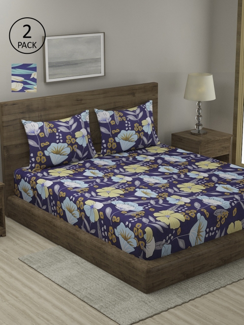 

TAG 7 Navy Blue & Grey Floral 210 TC 2 King Bedsheet with 4 Pillow Covers