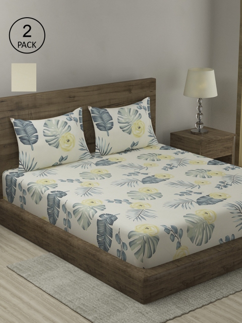 

TAG 7 Cream-Coloured & Green Floral 210 TC 2 King Bedsheet with 4 Pillow Covers