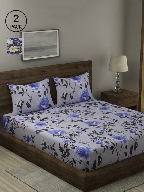 

TAG 7 Navy Blue & Grey Floral 210 TC 2 King Bedsheet with 4 Pillow Covers