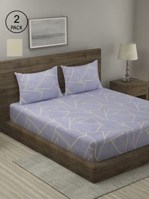 

TAG 7 Blue & Cream-Coloured Geometric 210 TC 2 King Bedsheet with 4 Pillow Covers