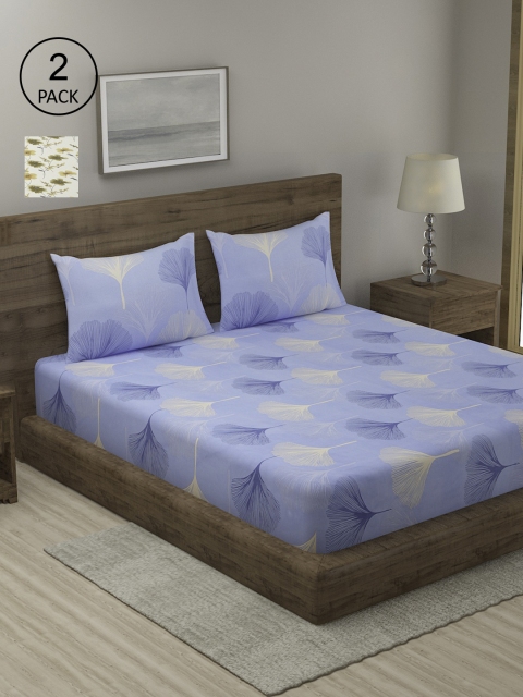 

TAG 7 Set Of 2 Blue & Cream-Coloured Floral 210 TC 2 King Bedsheet with 4 Pillow Covers
