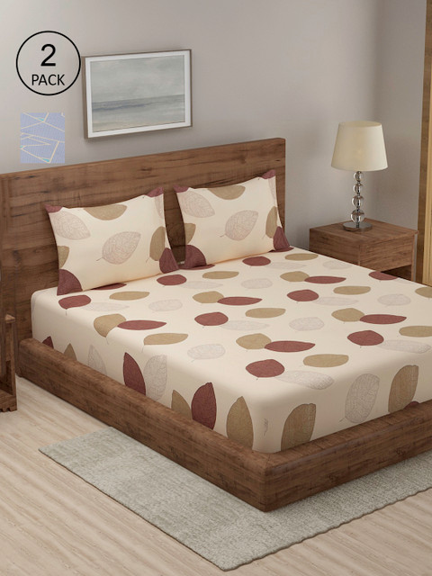 

TAG 7 Grey & Cream-Coloured Printed Cotton 210 TC 2 King Bedsheet with 4 Pillow Covers