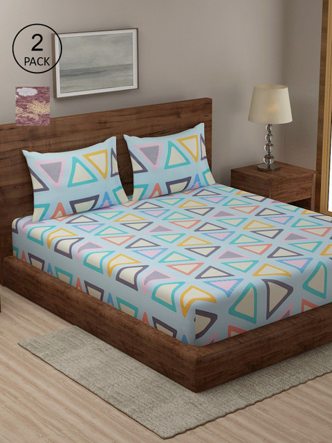 

TAG 7 Set Of 2 Blue & Mauve Geometric 210 TC 2 King Bedsheet with 4 Pillow Covers
