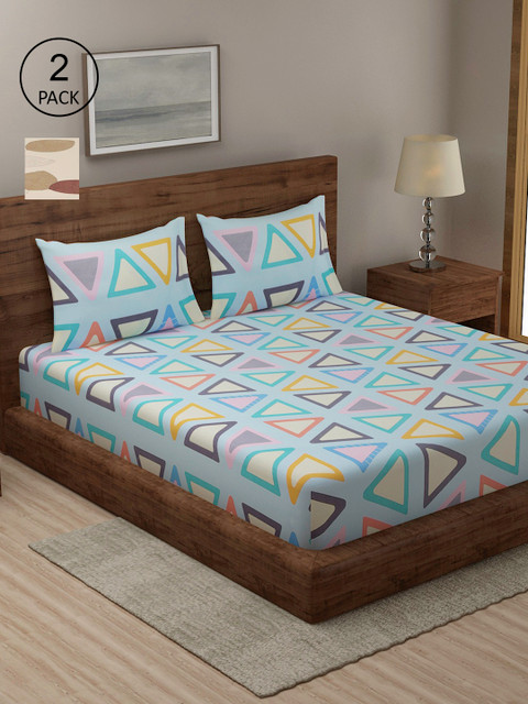 

TAG 7 Set Of 2 Cream-Coloured & Blue Geometric 210 TC 2 King Bedsheet with 4 Pillow Covers