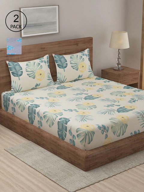 

TAG 7 Set Of 2 Cream-Coloured & Blue Floral 210 TC 2 King Bedsheet with 4 Pillow Covers