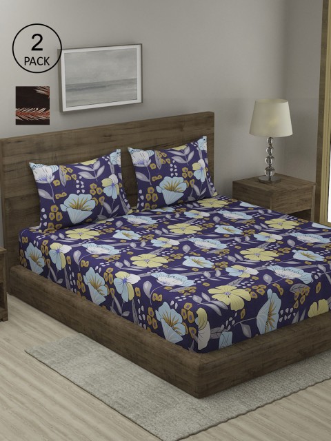 

TAG 7 Set Of 2 Blue & Brown Floral 210 TC 2 King Bedsheet with 4 Pillow Covers