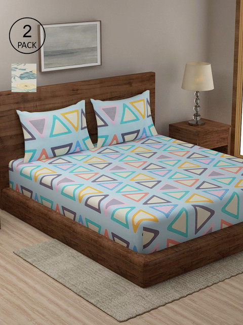 

TAG 7 Set Of 2 Blue & Cream-Coloured Geometric 210 TC 2 King Bedsheet with 4 Pillow Covers