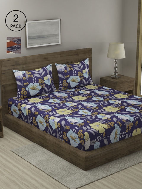 

TAG 7 Navy Blue & Red Floral 210 TC Cotton 2 King Bedsheets with 4 Pillow Covers