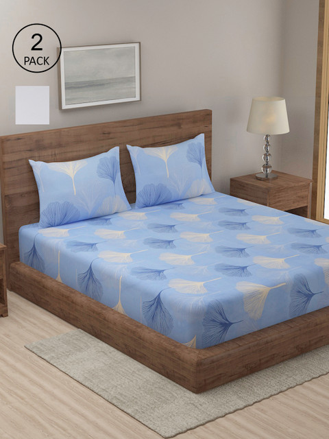 

TAG 7 White & Blue Printed Cotton 210 TC 2 King Bedsheet with 4 Pillow Covers