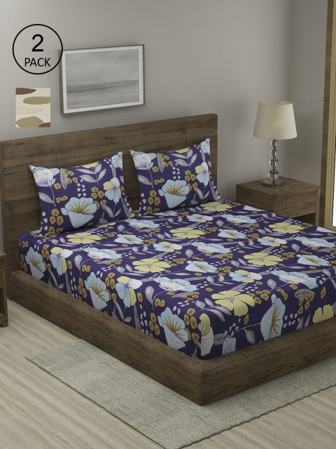 

TAG 7 Blue & Brown Floral 210 TC 2 King Bedsheet with 4 Pillow Covers