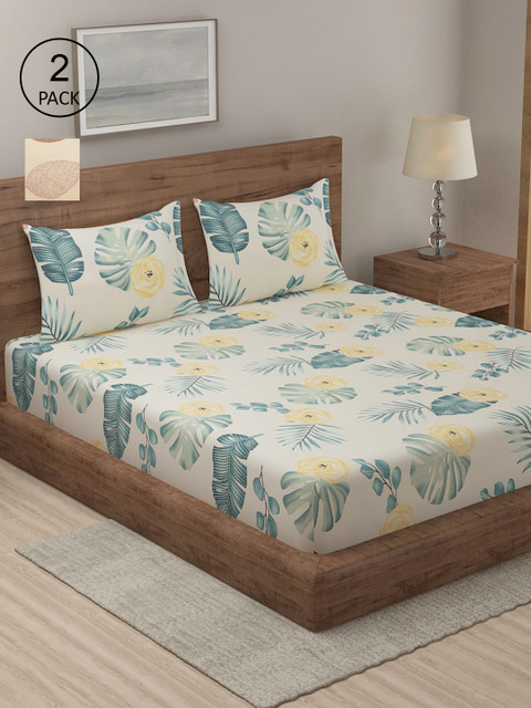 

TAG 7 Cream-Coloured & Green Printed Cotton 210 TC 2 King Bedsheet with 4 Pillow Covers