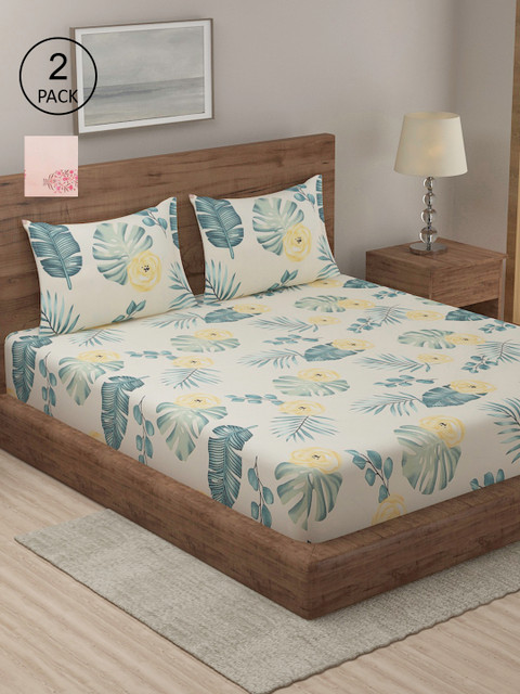 

TAG 7 Set Of 2 Cream-Coloured & Pink Floral 210 TC 2 King Bedsheet with 4 Pillow Covers