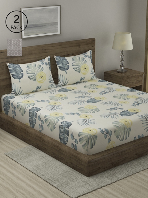 

TAG 7 Cream-Coloured & Green Floral 210 TC 2 King Bedsheet with 4 Pillow Covers