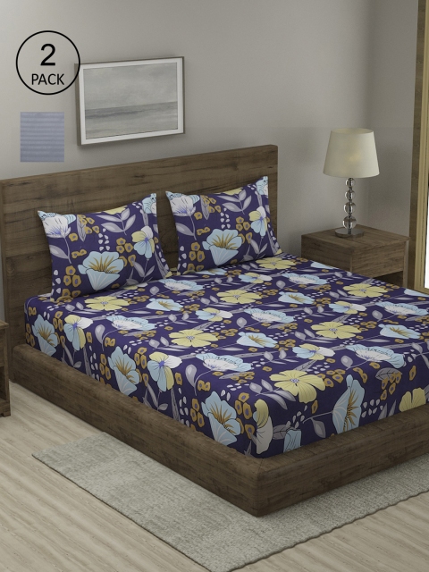 

TAG 7 Navy Blue & Yellow Floral 210 TC 2 King Bedsheets with 4 Pillow Covers