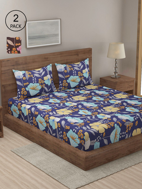 

TAG 7 Navy Blue & Pink Floral 210 TC 2 King Bedsheets with 4 Pillow Covers