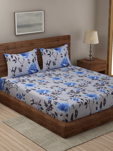 

TAG 7 Grey & Blue Floral 210 TC 2 King Bedsheet with 4 Pillow Covers