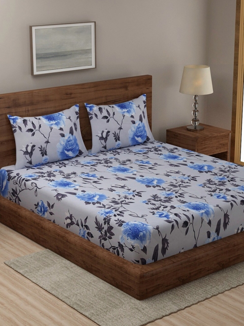 

TAG 7 Pack of 2 Grey & Blue Floral 210 TC King Bedsheet with 4 Pillow Covers