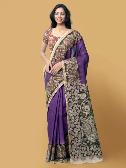 

Unnati Silks Violet & Green Kalamkari Pure Cotton Kanjeevaram Saree