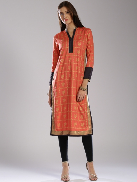 

W Women Orange Printed Straight Kurta